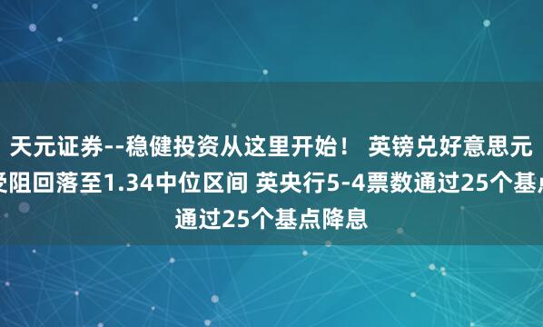 天元证券--稳健投资从这里开始！ 英镑兑好意思元反弹受阻回落至1.34中位区间 英央行5-4票数通过25个基点降息